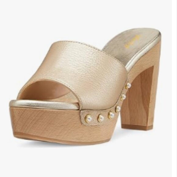 miss left Light Gold Platform Chunky High Heel Mules Open Toe Studded Sandals - Picture 1 of 8